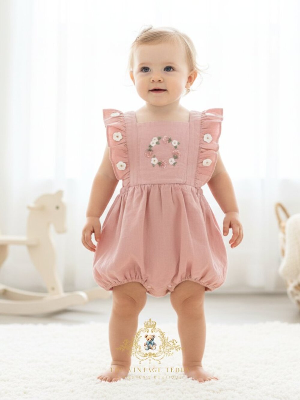 NWT Cute Girls Floral Embroidery Romper One-Piece Flowers  Strawberry Blush 3-6M